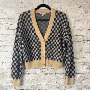 J. Crew Women's Medium Checkered V-Neck Cardigan Sandy Beach Navy Sweater M